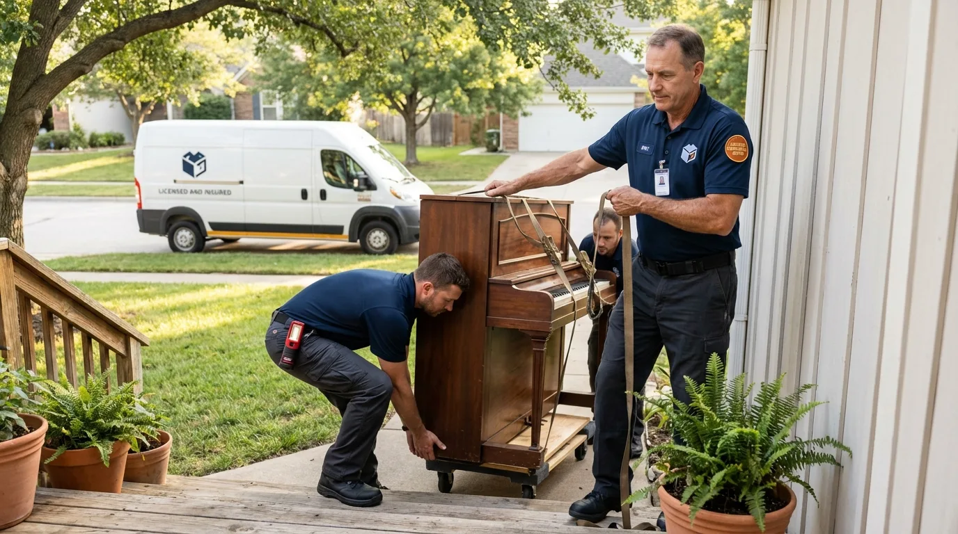 Licensed piano movers securing grand piano in Lake Hamilton, FL