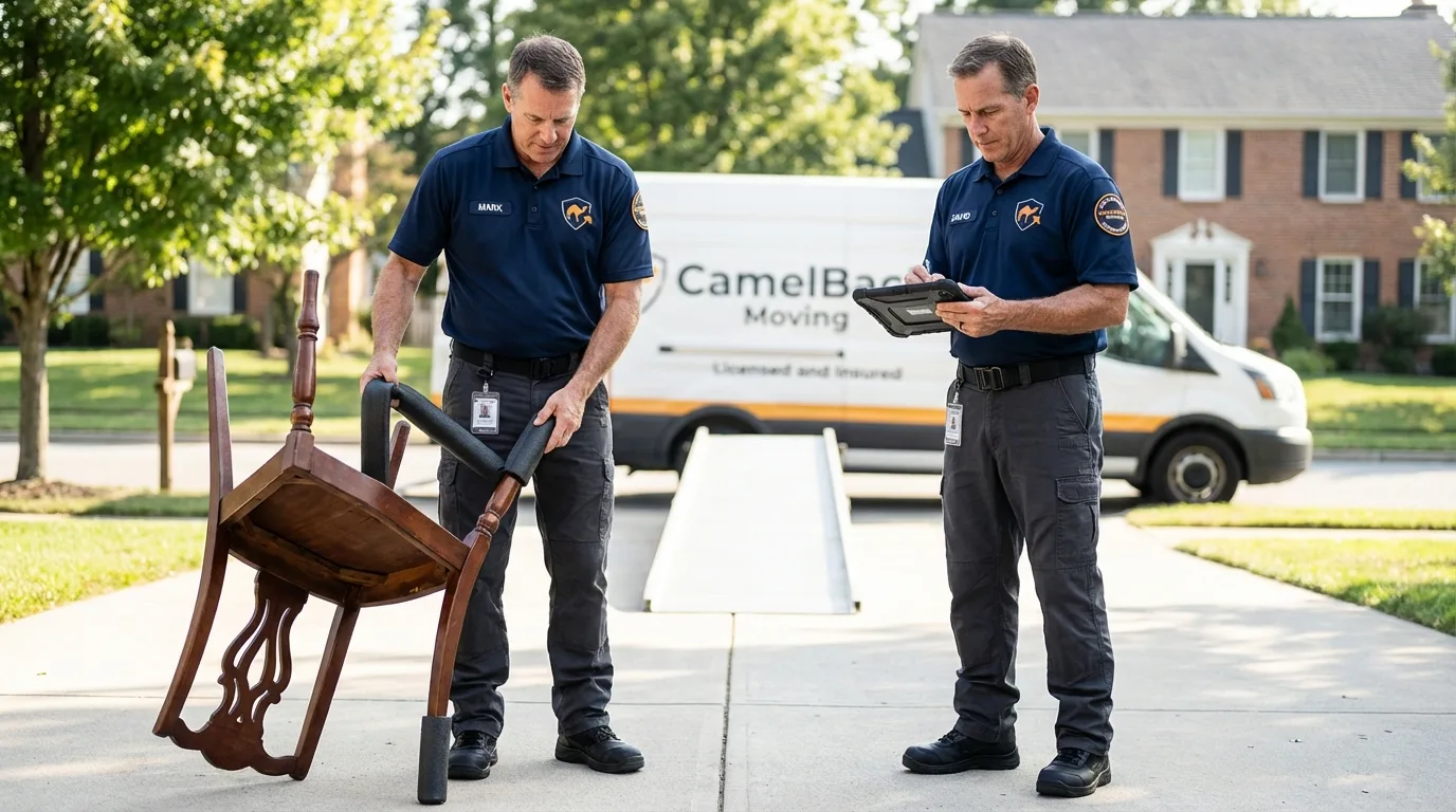 Movers inspecting furniture for damage prevention before loading in Lake Hamilton, FL