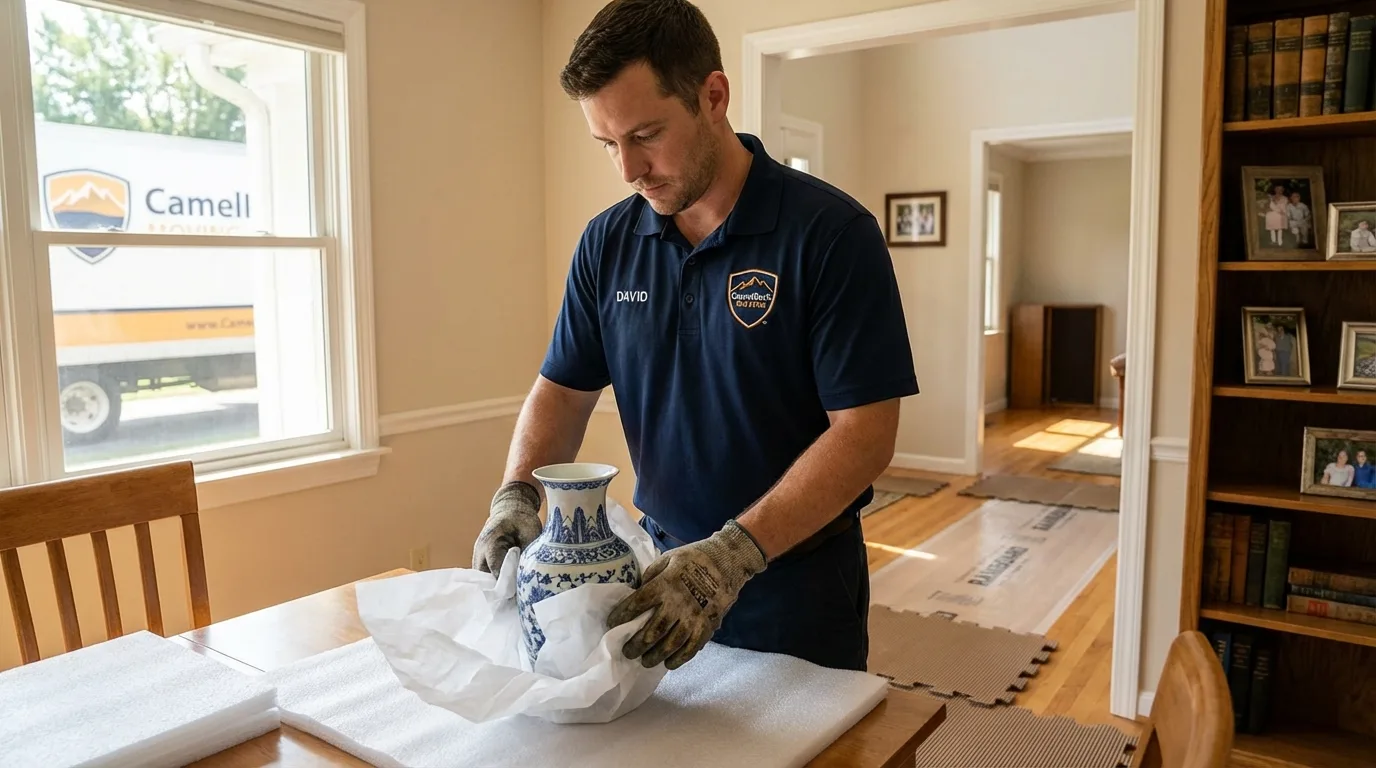 Professional crew carefully wrapping antique vase for senior downsizing move in Lake Hamilton, FL